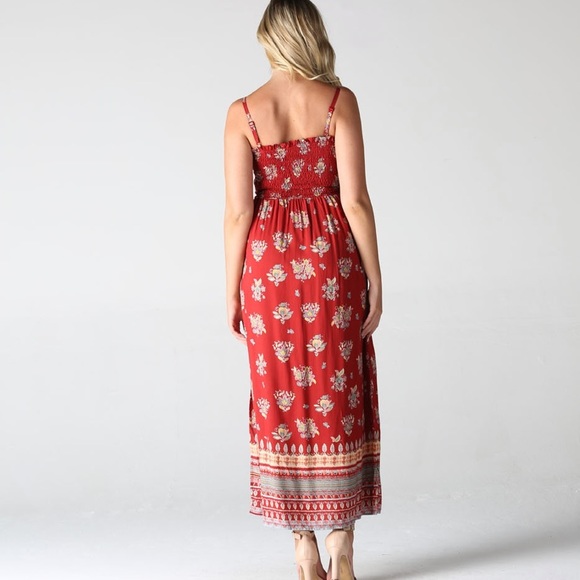 Red Floral Smocked Maxi Dress - Picture 2 of 3
